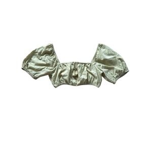 Madewell Cropped Top Sage Green Puff Sleeve Bubble Hem Peasant Blouse Size Large